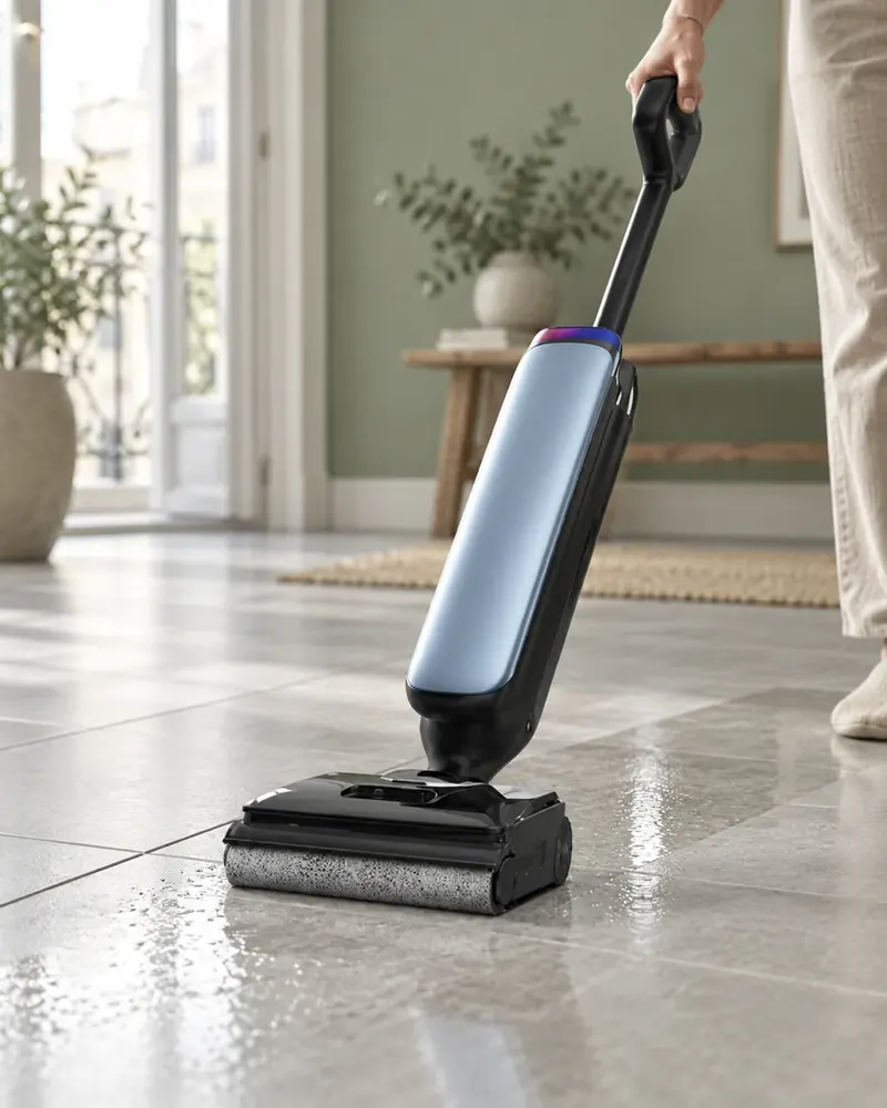 Le Tineco Floor One S9 Artist passé sur un carrelage clair (illustration)